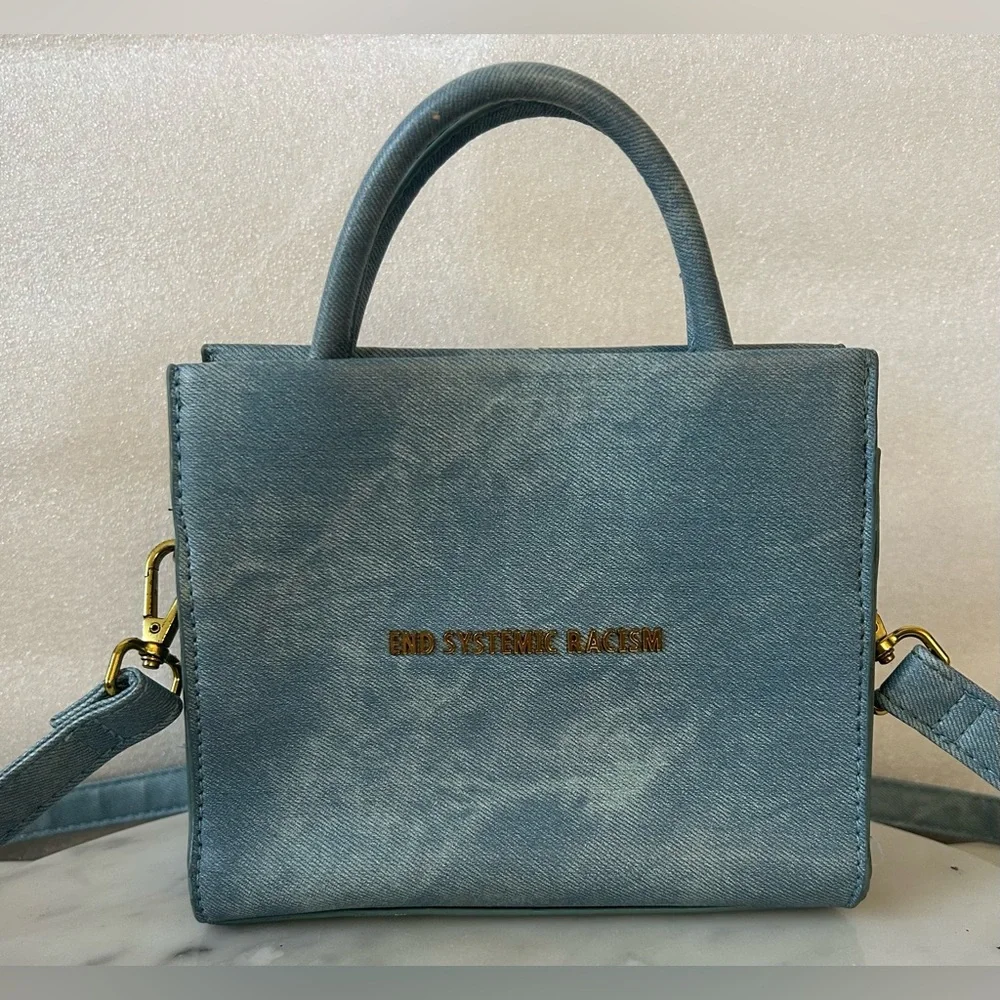 BRANDON BLACKWOOD EST END SYSTEMIC RACISM DENIM CANVIS MINI TOTE. RARE FIND. - Picture 2 of 8